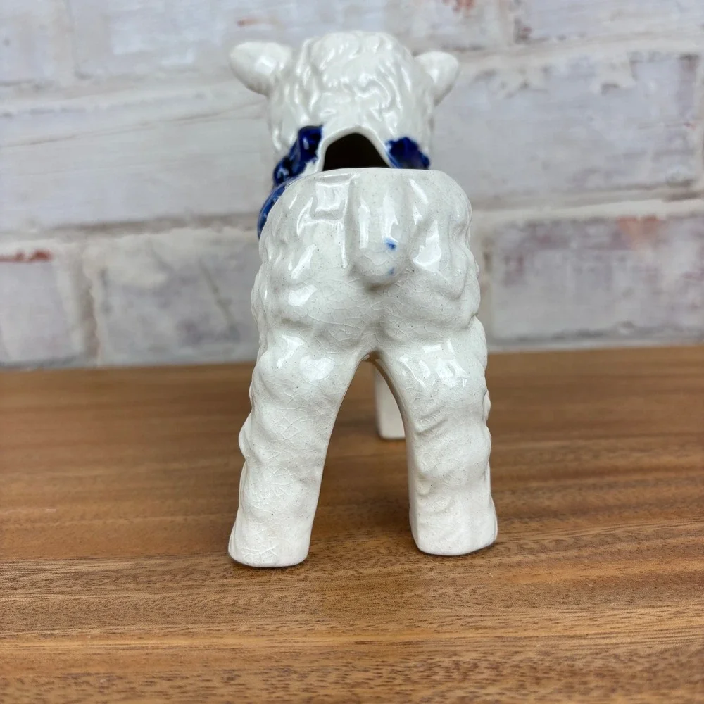 Vintage Occupied Japan Lamb Planter Blue Bow Nursery Figurine Cottagecore Decor